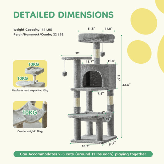 44-Inch Multi-Level Cat Tree & Scratching Tower
