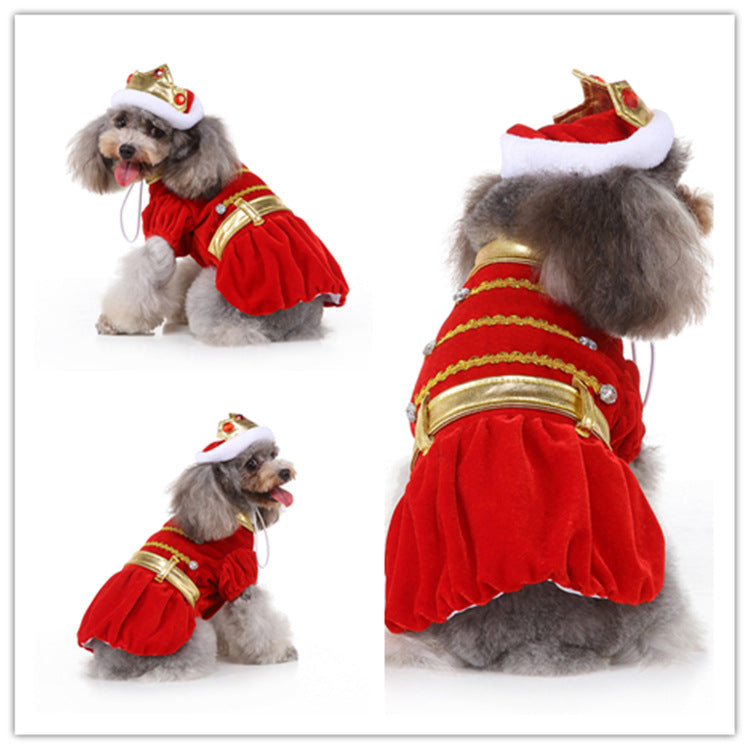 Small dogs wearing matching red royal Halloween costumes