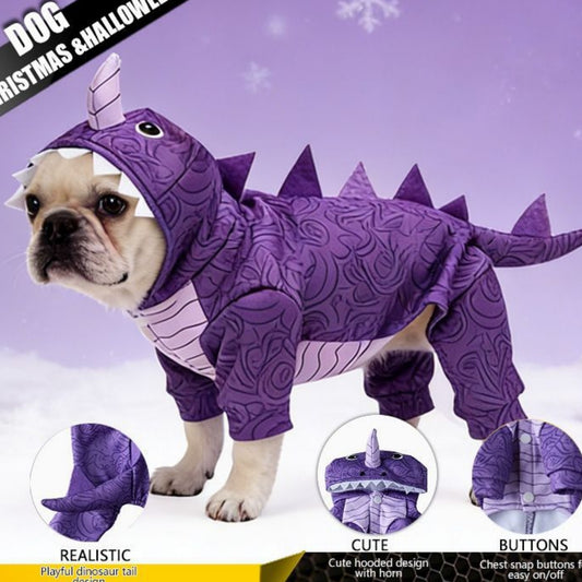 Dog wearing a purple dinosaur Halloween costume with hood and spikes