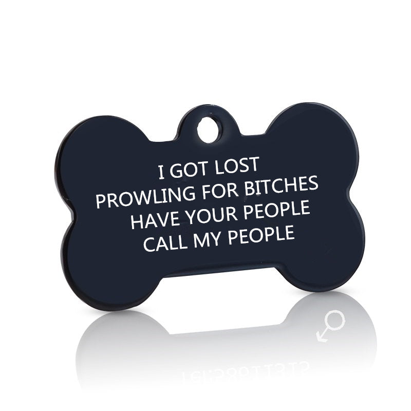 Black bone-shaped engraved stainless steel pet ID tag with custom text