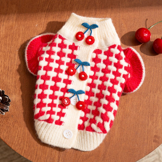 Red and white cherry knit turtleneck sweater for cats and small dogs