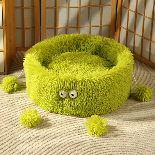 Green plush monster pet bed for cats and small dogs