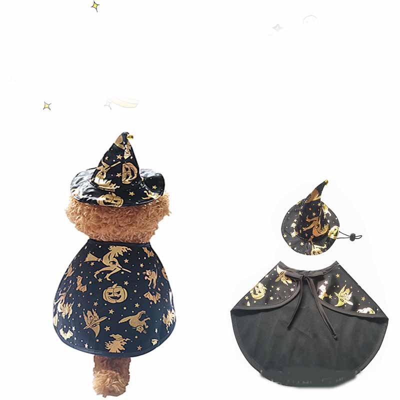 Black Halloween wizard cloak and pointed hat pet costume set