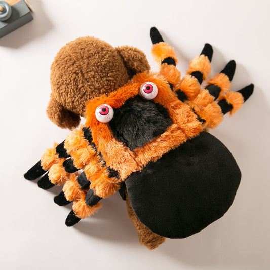 pet wearing an orange and black furry spider Halloween costume
