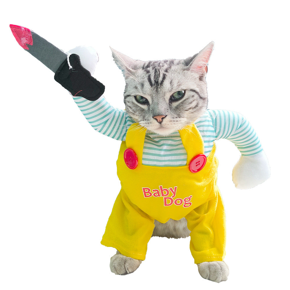Cat wearing a yellow costume with knife-inspired assassin design