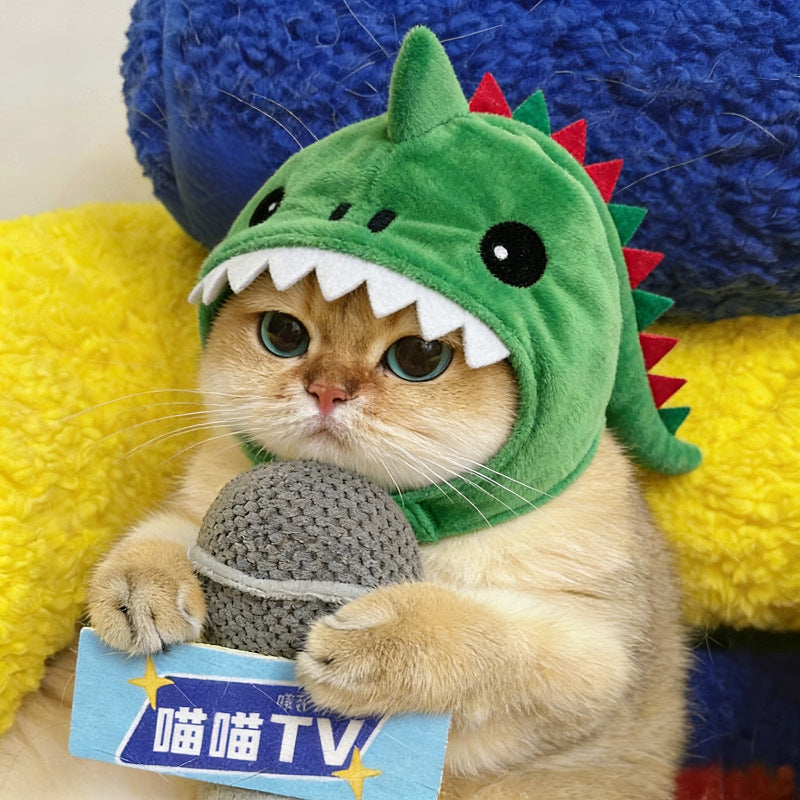 Green dinosaur hooded hat worn by a cat for Halloween pet dress-up