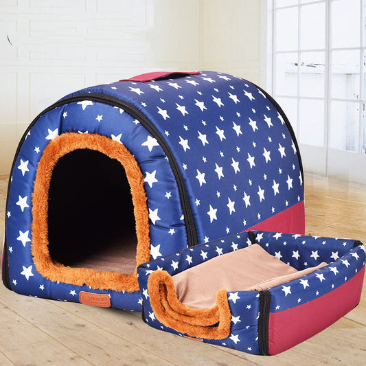 Blue star patterned cozy pet house bed with removable cover