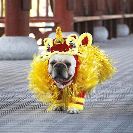 Chinese dragon-inspired lion dance pet costume for dogs, yellow and red festive outfit