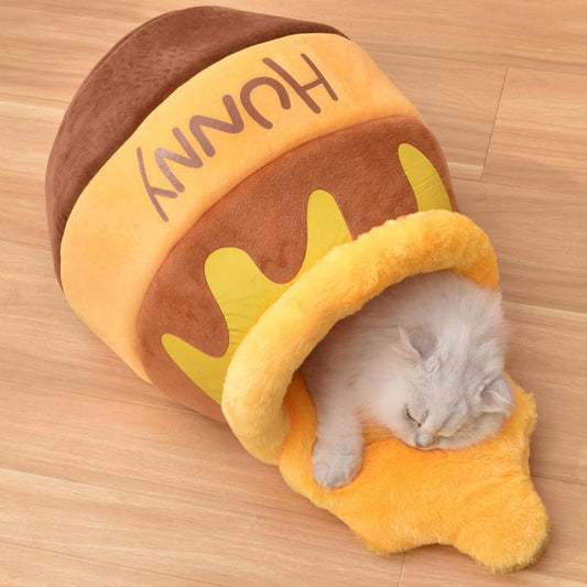 Honey pot shaped plush cat cave bed with enclosed sleeping space