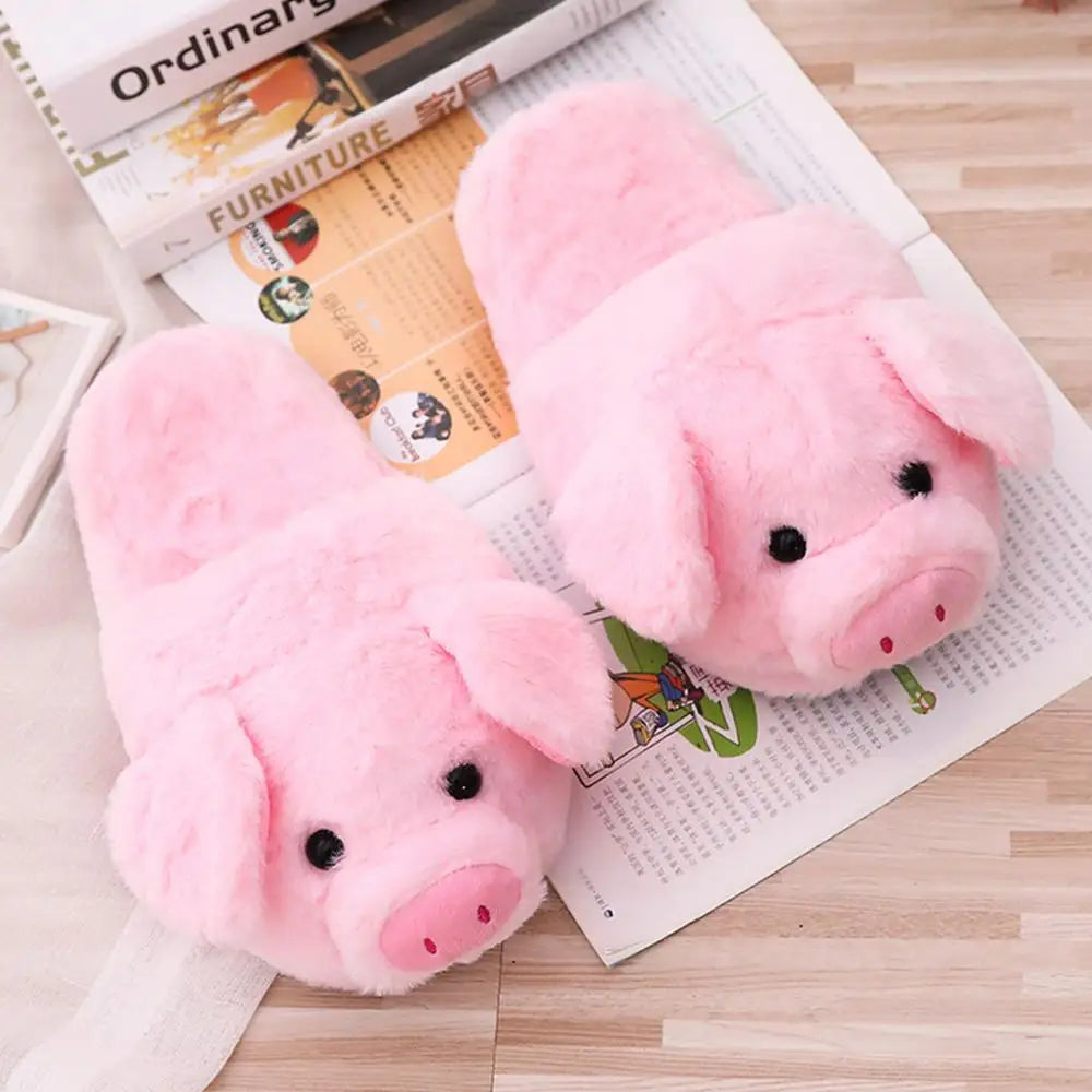 Cute Pink Pig Plush Slippers for Women – Cozy Fuzzy House Shoes