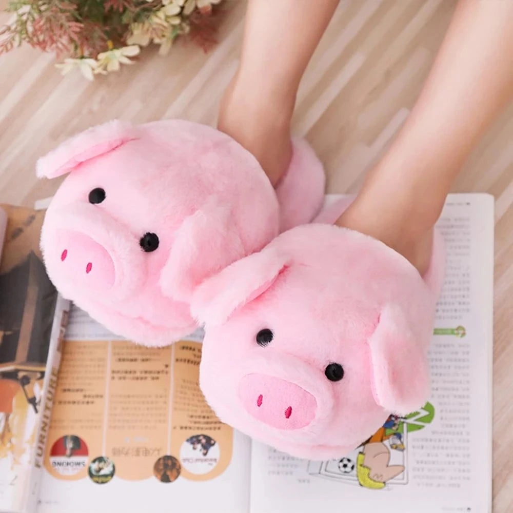 Cute pink pig plush slippers with fuzzy design for women