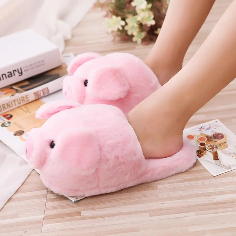 Cute Pink Pig Plush Slippers for Women – Cozy Fuzzy House Shoes