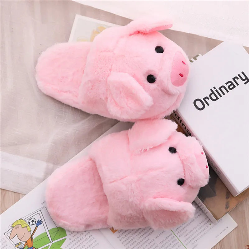Cute Pink Pig Plush Slippers for Women – Cozy Fuzzy House Shoes