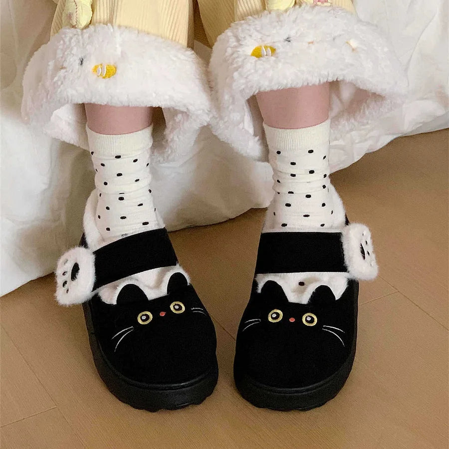 Black Cat Fuzzy Slippers for Women – Cute Plush House Shoes
