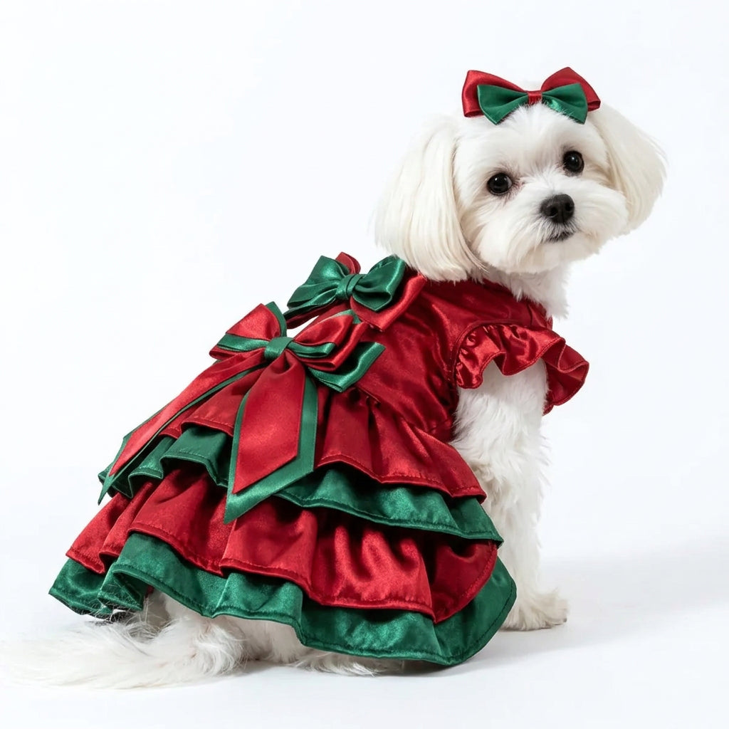 White dog wearing a red and green Christmas formal dress with decorative bow