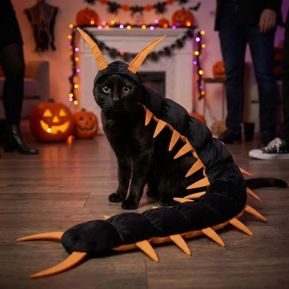 Plush Fluffy Halloween Centipede Cat Costume Long Segmented Simulated Centipede Pet Transform Cosplay Adjustable Creepy