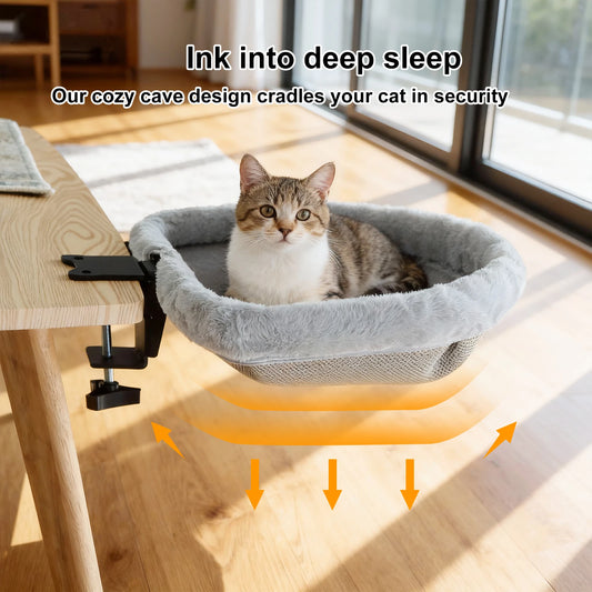 Hanging cat desk hammock bed attached underneath a table