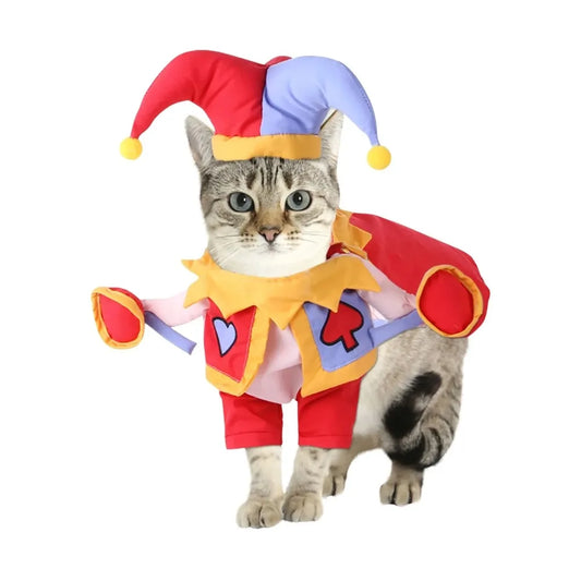 Dog wearing a Joker-inspired clown Halloween costume
