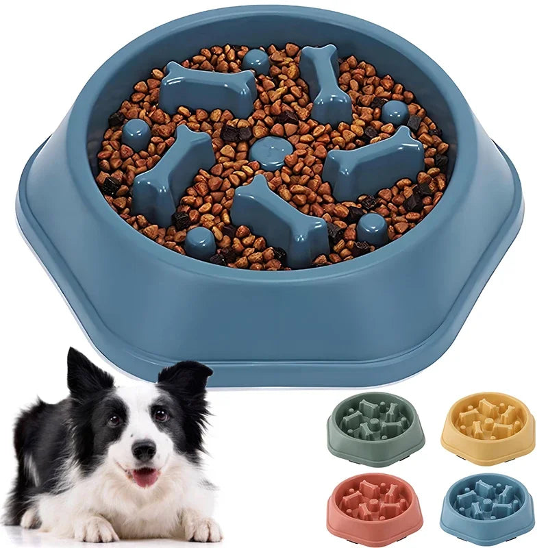 Blue interactive slow feeder puppy bowl with raised feeding sections
