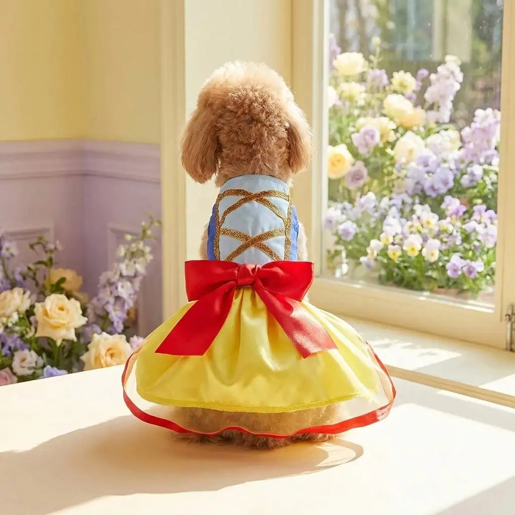 Small dog wearing a Christmas snow princess holiday dress