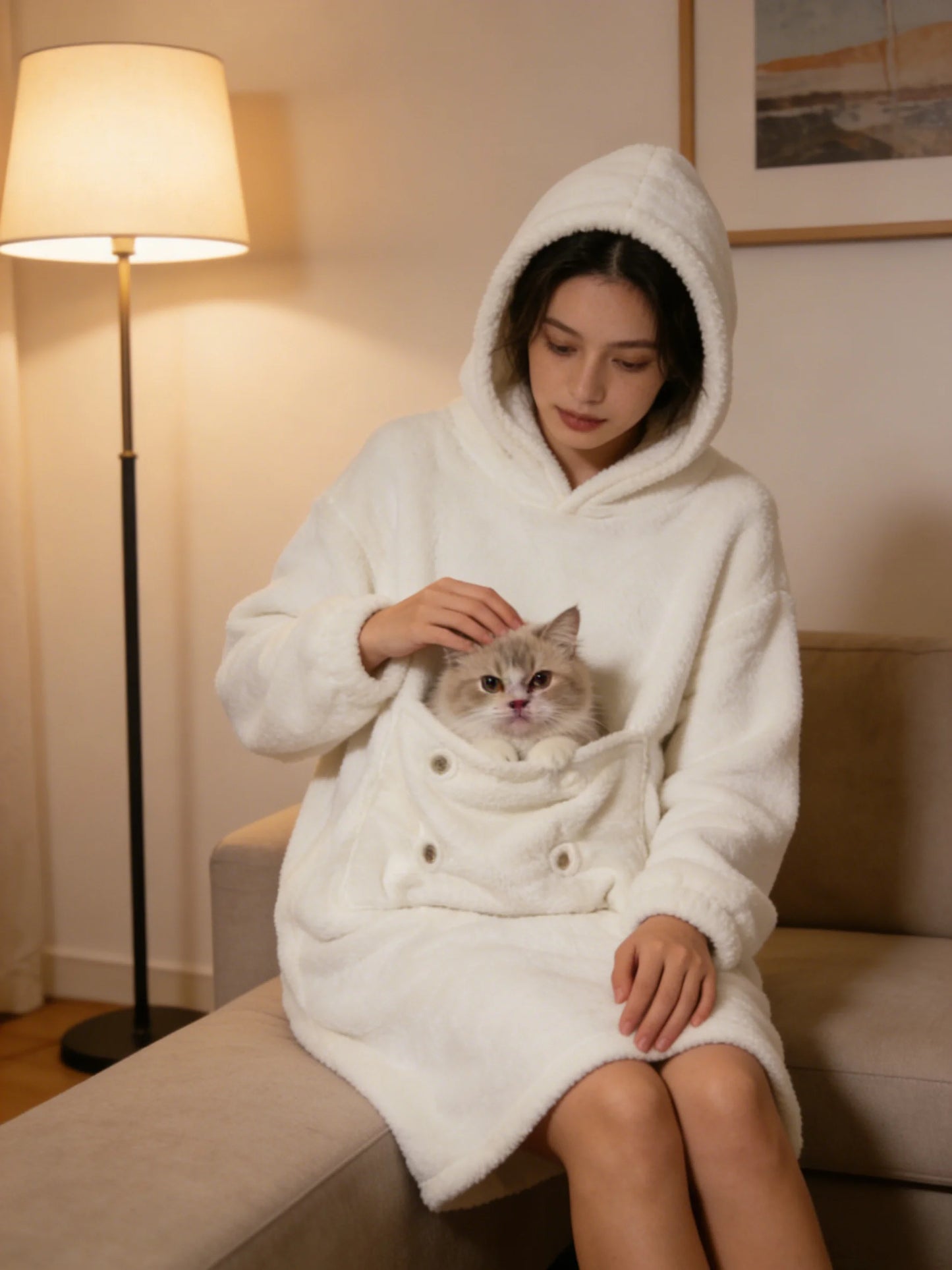 New Arrival Plaid Flannel Homewear with Integrated Pet Storage Pocket Cozy All Day Loungewear