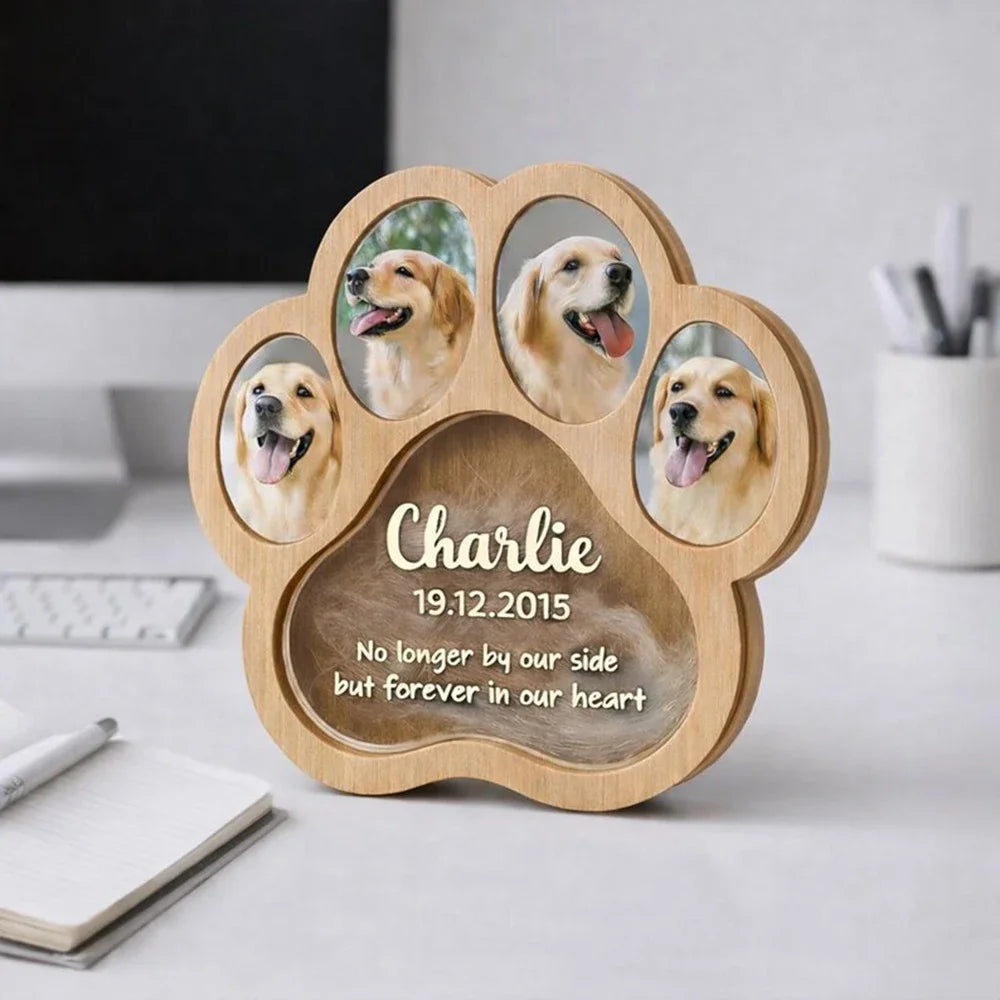 Pet Fur Hair Storage Keepsake Custom Wooden Box With Photo Frame Personalized Paw Print Memorial Card Beautiful Souvenir For Pet