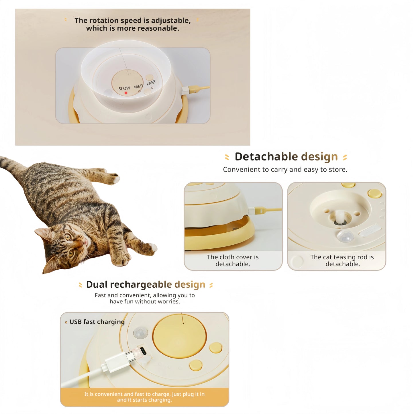USB Rechargeable 3-in-1 Interactive Cat Teaser Toy 360° Rotating Feathers & Mandala Pattern,1200 battery capacity Plastic Design