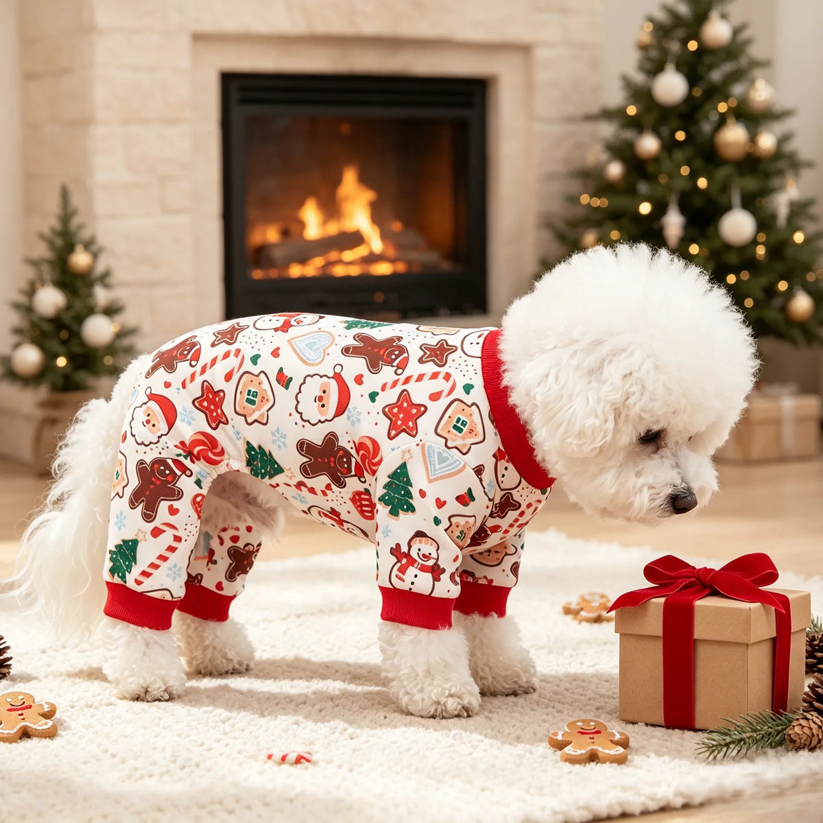 Pet Four Legged Clothes, Gingerbread Man Snowman Santa Claus Christmas Tree Cane Candy Full Print Pet Four Legged Pajamas