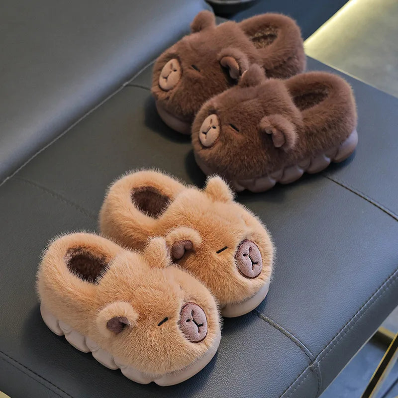 Kids’ Capybara Plush Slippers – Cute Cozy Winter House Shoes
