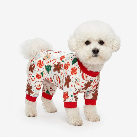 Pet Four Legged Clothes, Gingerbread Man Snowman Santa Claus Christmas Tree Cane Candy Full Print Pet Four Legged Pajamas