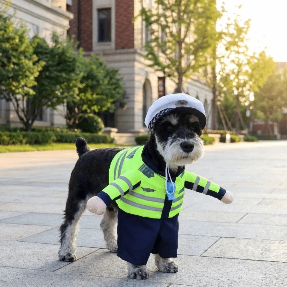 Dog wearing a professional career-themed transformation costume
