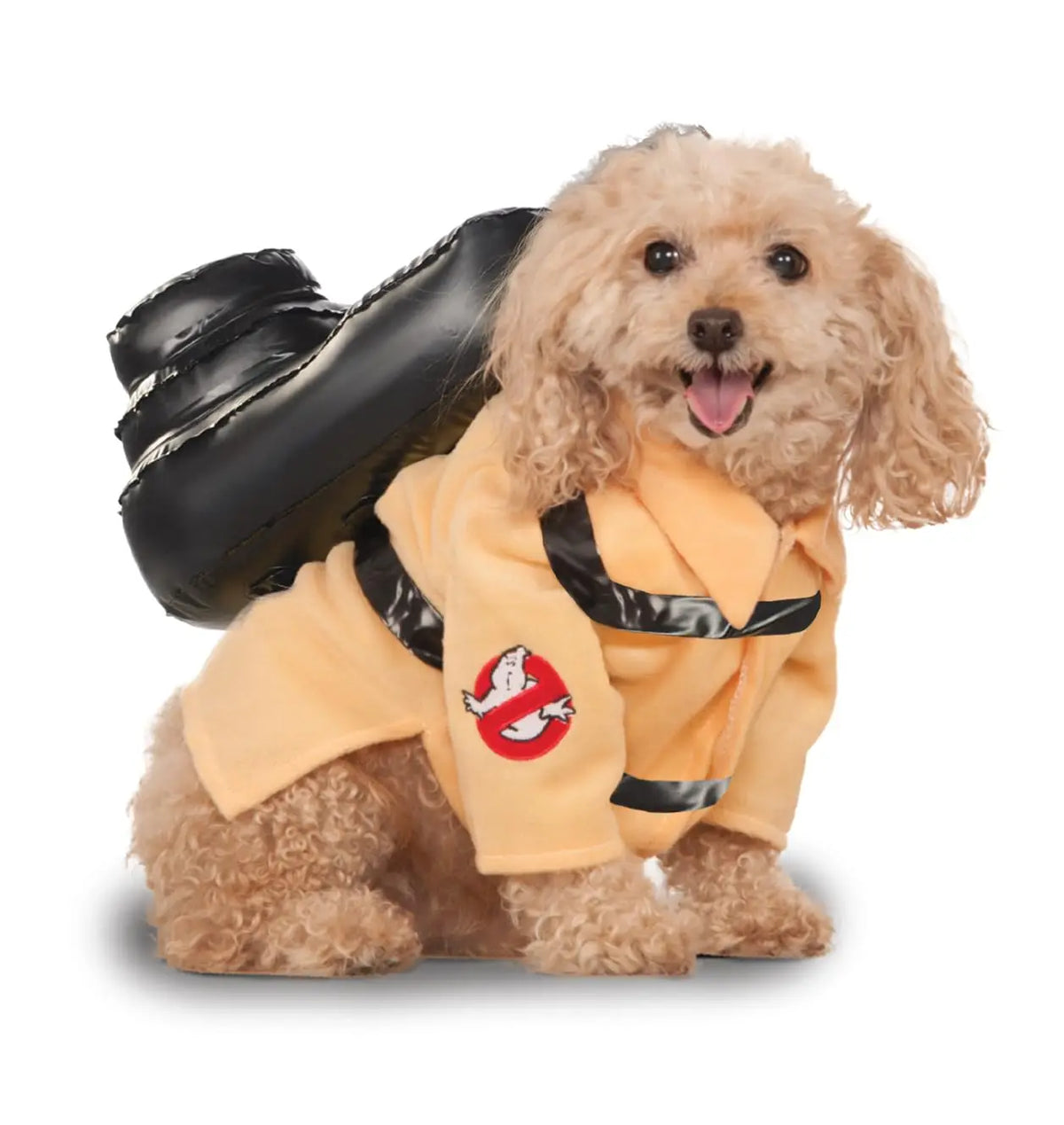 Dog wearing a Ghostbusters Halloween costume for pets