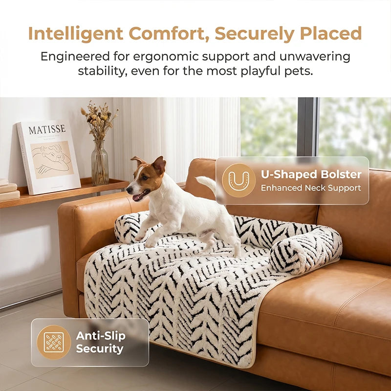 Pet Sofa Bed Mat with Side Bolsters Soft Fluffy Couch Protector Mat Anti-slip Dog Cat Bed Sleeping Cushion for Small Medium Pets