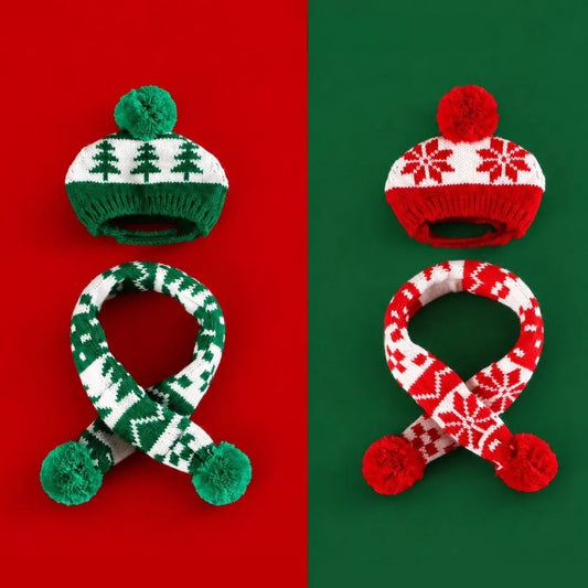 Snowflakes Cute Cat Dog Christmas Hat Scarf Green Red Warm Pet Dress Up Set Soft Adjustable Pet Knitted Suit Xmas Pet Costume