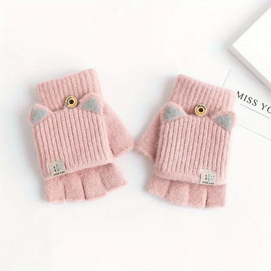 Pink women’s fingerless winter gloves with cute cat ear design