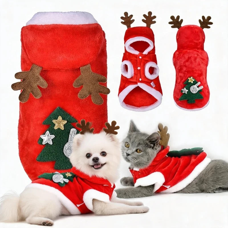 Christmas Dog Cat Costume Reindeer Antlers Hoodie Flannel Fleece Warm Coat Xmas Tree New Year Outfit for Small Dogs Puppy Kitten