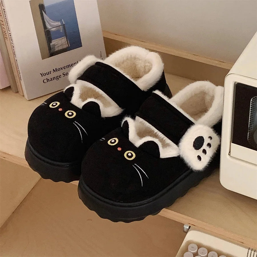 Black Cat Fuzzy Slippers for Women – Cute Plush House Shoes