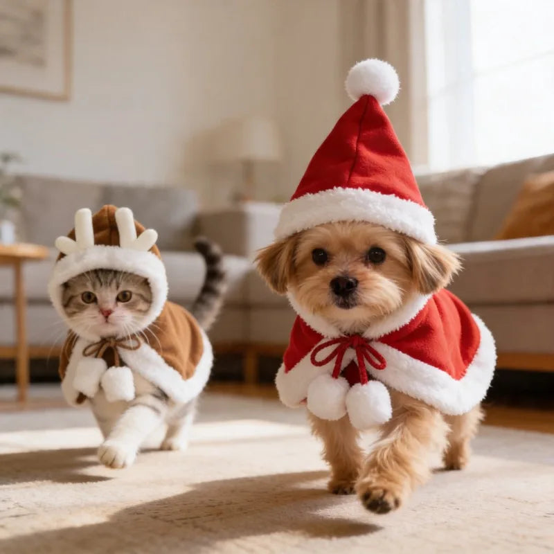 Cat Costume Santa Cosplay Funny Transformed Cat/Dog Pet Christmas Cape Dress Up Clothes Red Scarf Cloak Props Decor