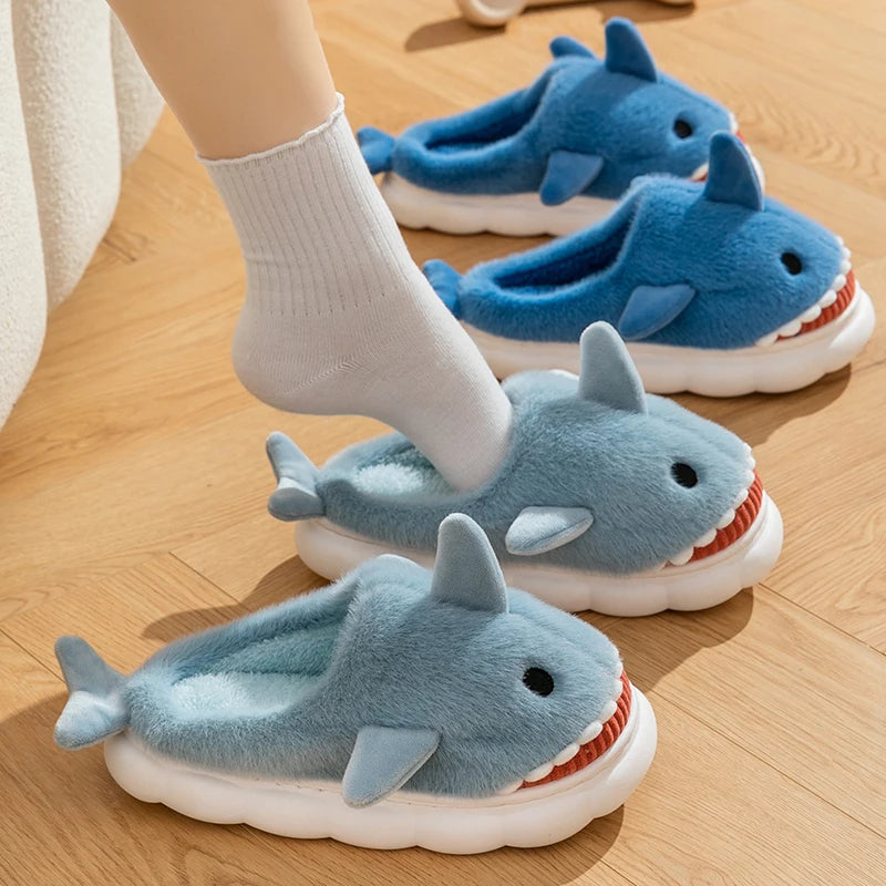 Fluffy Shark Plush Slippers for Women – Cozy Winter House Shoes