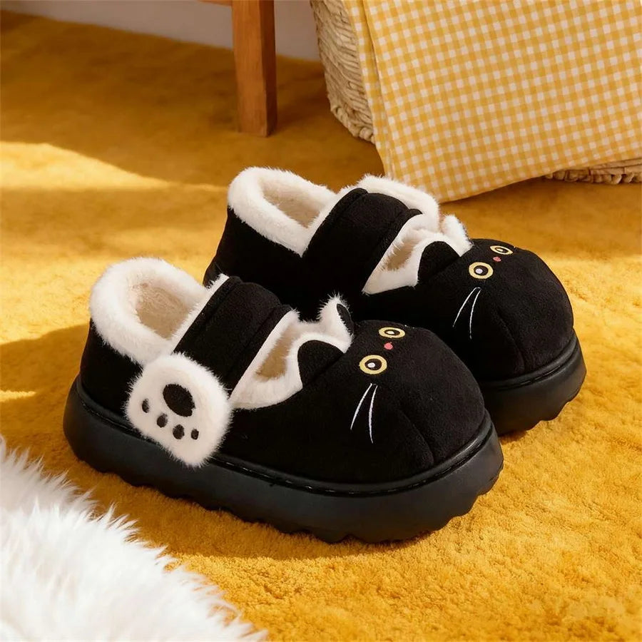 Black cat fuzzy plush slippers with cute animal design