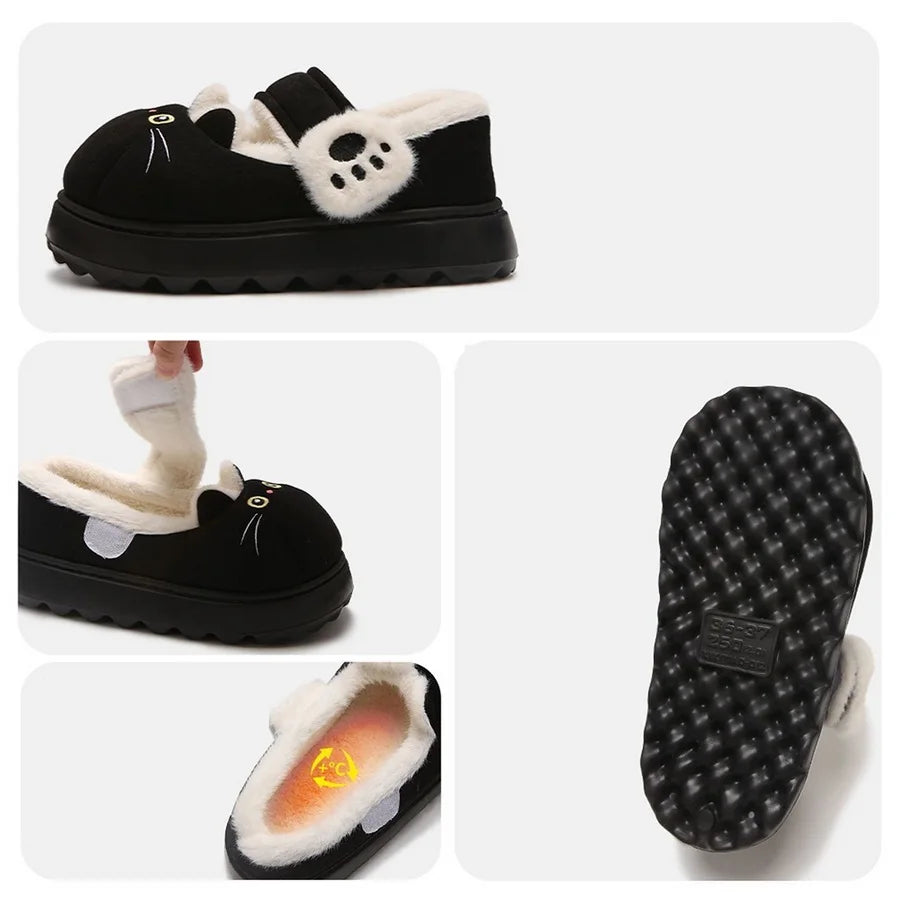 Black Cat Fuzzy Slippers for Women – Cute Plush House Shoes