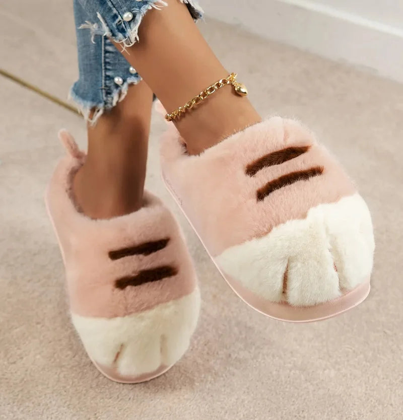 Kitty Claw Plush Slippers – Cute Fuzzy Cat House Shoes for Women