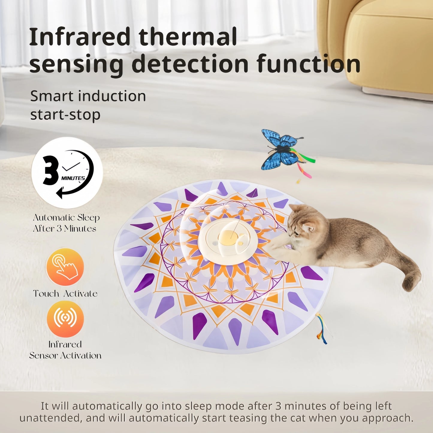 USB Rechargeable 3-in-1 Interactive Cat Teaser Toy 360° Rotating Feathers & Mandala Pattern,1200 battery capacity Plastic Design