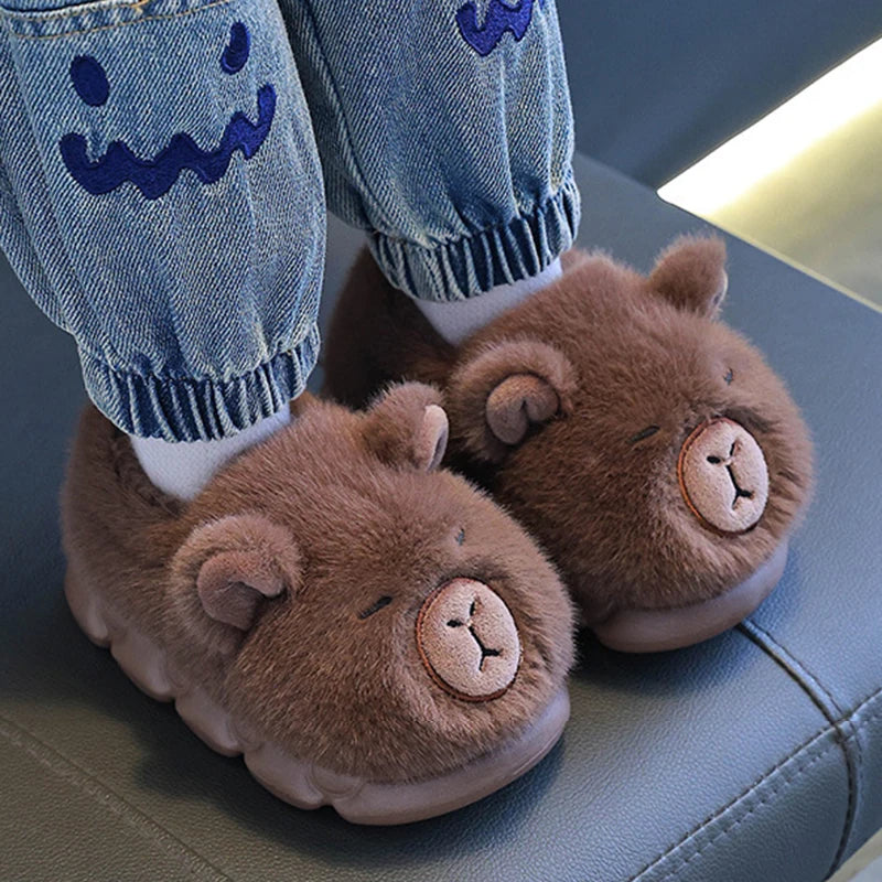 Kids’ Capybara Plush Slippers – Cute Cozy Winter House Shoes
