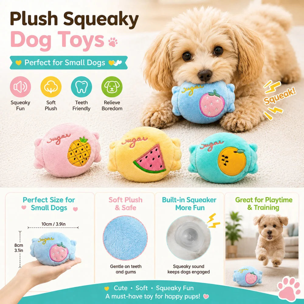 Cute Fruit Candy Plush Dog Toy with Squeaker Soft Washable Puppy Bite Toy Interactive Fetch Toy for Pets