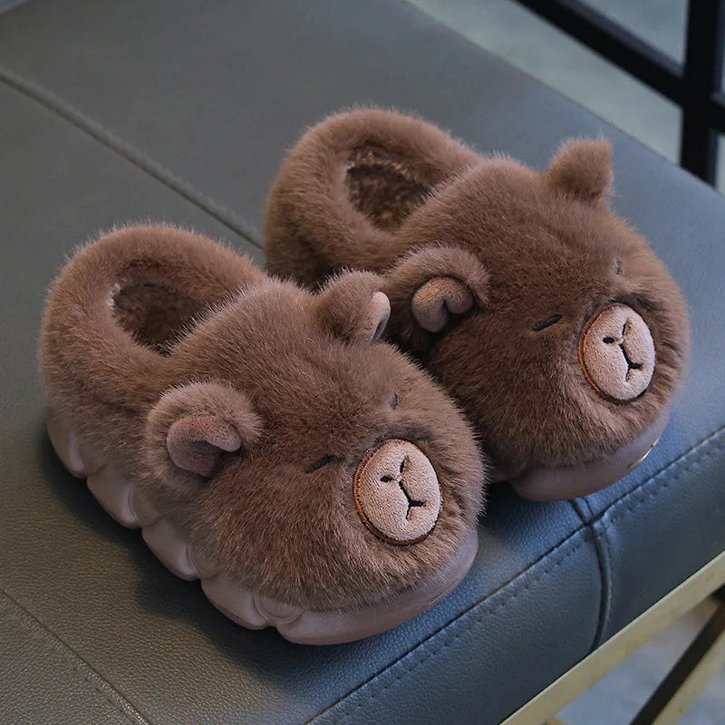 Kids’ Capybara Plush Slippers – Cute Cozy Winter House Shoes