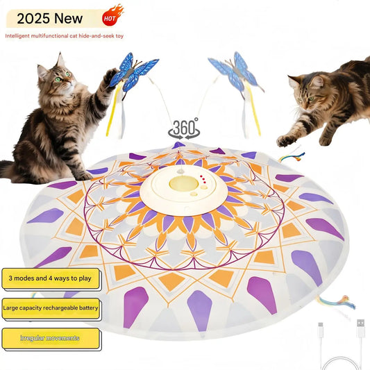 USB Rechargeable 3-in-1 Interactive Cat Teaser Toy 360° Rotating Feathers & Mandala Pattern,1200 battery capacity Plastic Design