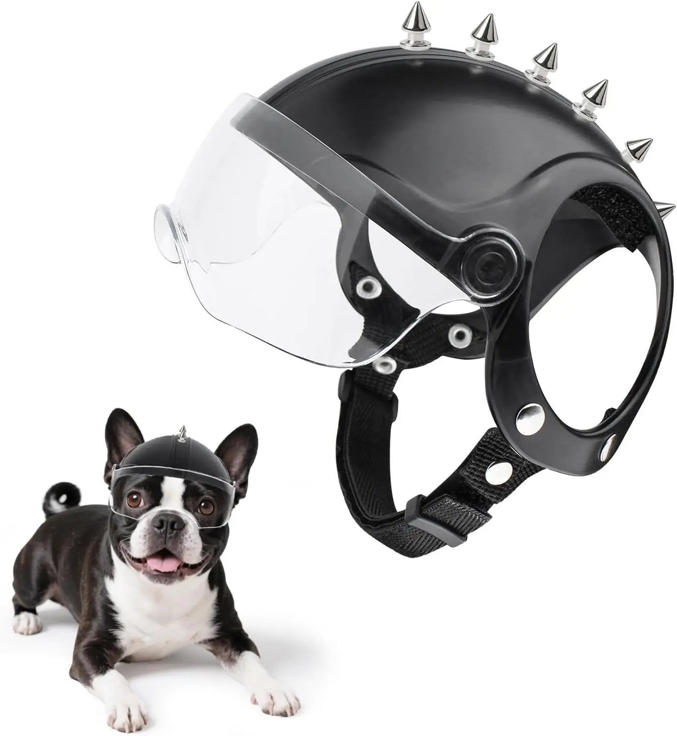 Dog Helmet for Small Breed Cool Pet Motorcycle Helmet with Drop-Down Silver Visor (Without Rivets and Rivets)
