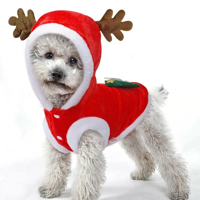 Christmas Dog Cat Costume Reindeer Antlers Hoodie Flannel Fleece Warm Coat Xmas Tree New Year Outfit for Small Dogs Puppy Kitten