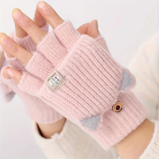 Women’s Cat Ear Fingerless Gloves – Cozy Winter Knit Hand Warmers